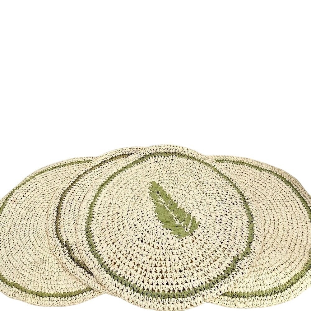 Set of 4 Round Woven Raffia Placemats Cream Sage Green Fern Leaf Botanical 14.5"